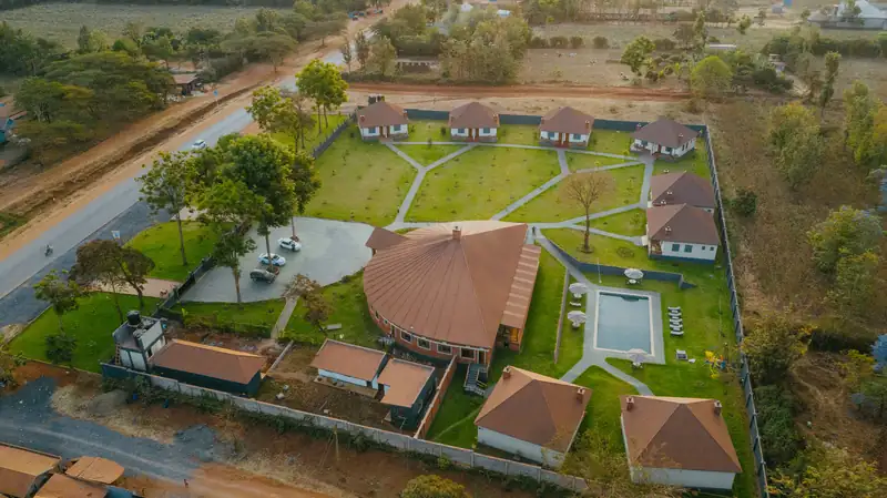 Aerial view of the lodge beside the main road through Karatu