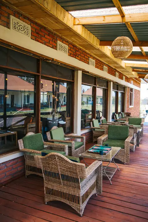 Outdoor deck with wicker chairs