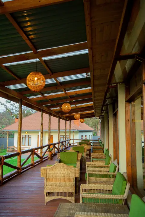 Long veranda with lanterns and wooden chairs